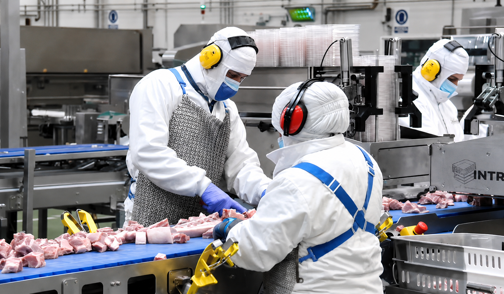 Sala de envasado de carne de Frescos Delisano con operarios en la línea de producción